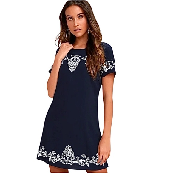 Lulu’s Navy Blue Dress Women’s Size S White Embroidery Lined Mini Short Sleeve - Picture 4 of 13